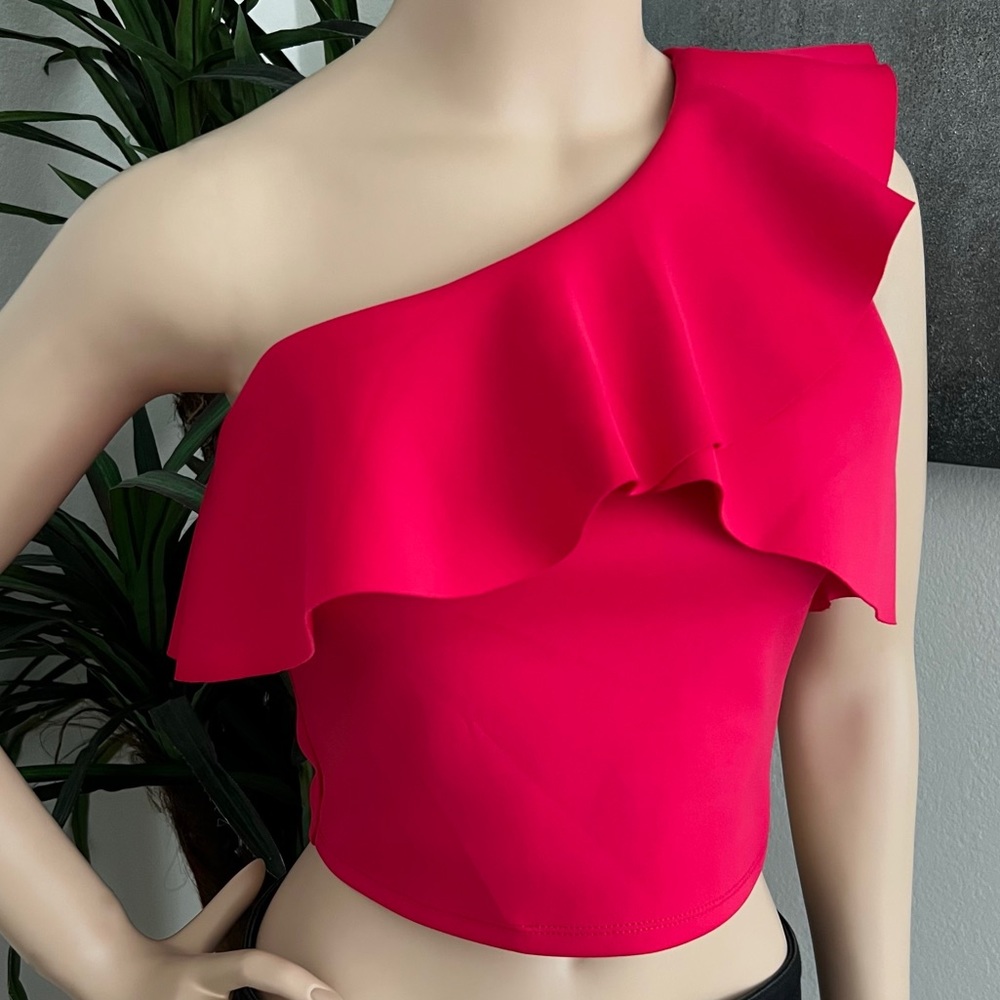 Guess Raspberry Red One Shoulder Ruffled Party Crop Top